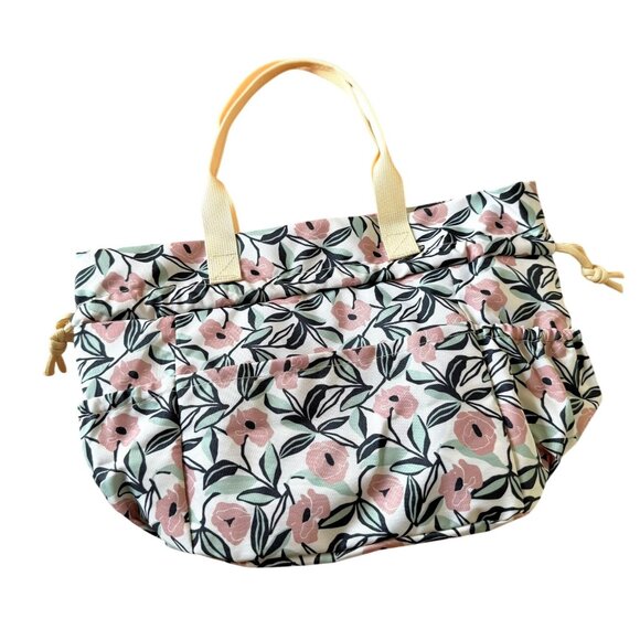 Floral Insulated Lunch Tote Bag Pockets Inside and Out Snap Drawstring New - Picture 10 of 11